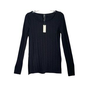 NWT Anthropologie Black Ribbed Knit‎ Side Slit Long Sleeve Pullover Sweater Sz S